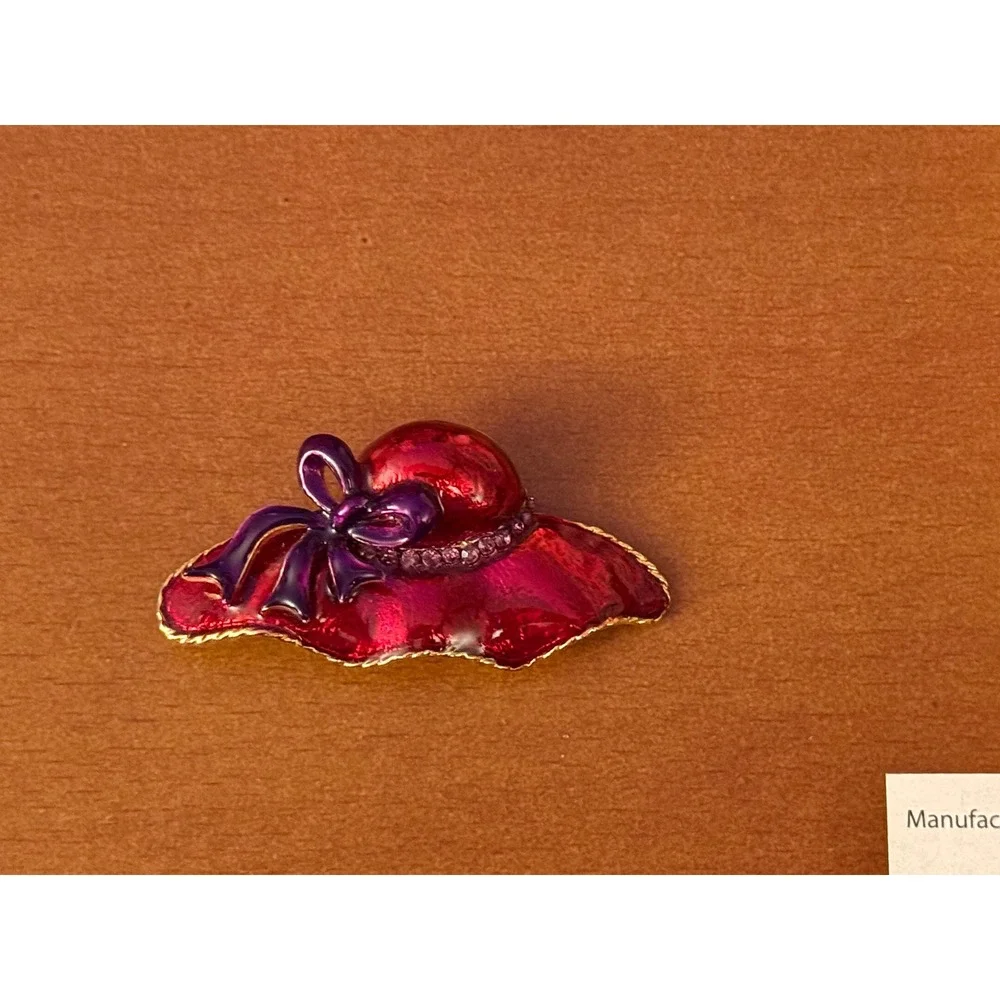Vintage Red Hat Society Enamel Brooch Purple Bow Rhinestone Gold Tone Pin